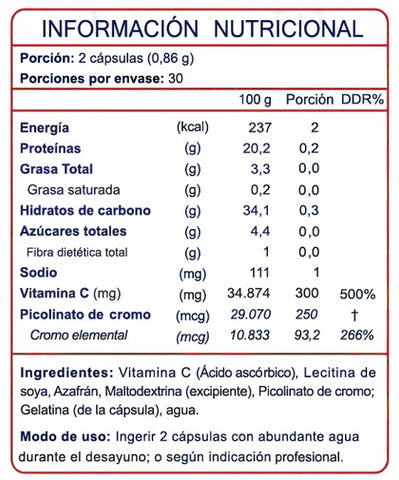 Picolinato de Cromo + Vitamina C + Azafrán 60 Cápsulas / 860mg - FNL